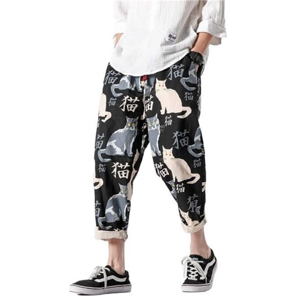 Men's Summer Casual Capri Pants Elastic Waist Wide Leg Loose Baggy Harem Pants